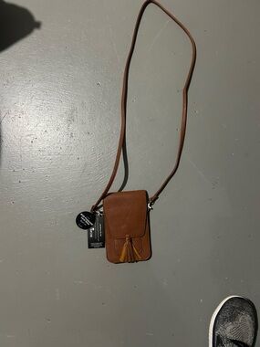 Brown Leather Crossbody Phone Pouch with Tassel